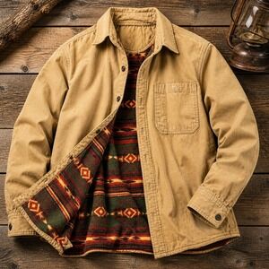 Guide Gear Canvas Shirt Jacket Men's Large Brown Southwest Aztec Fleece Lined